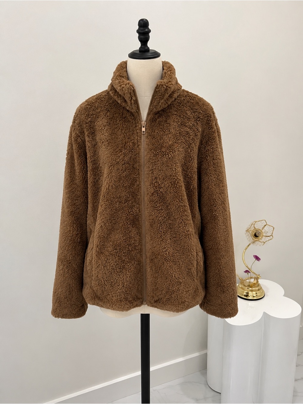 Cozy Women's Brown Faux-Sherpa Zip Jacket
